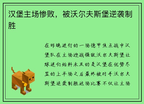 汉堡主场惨败，被沃尔夫斯堡逆袭制胜